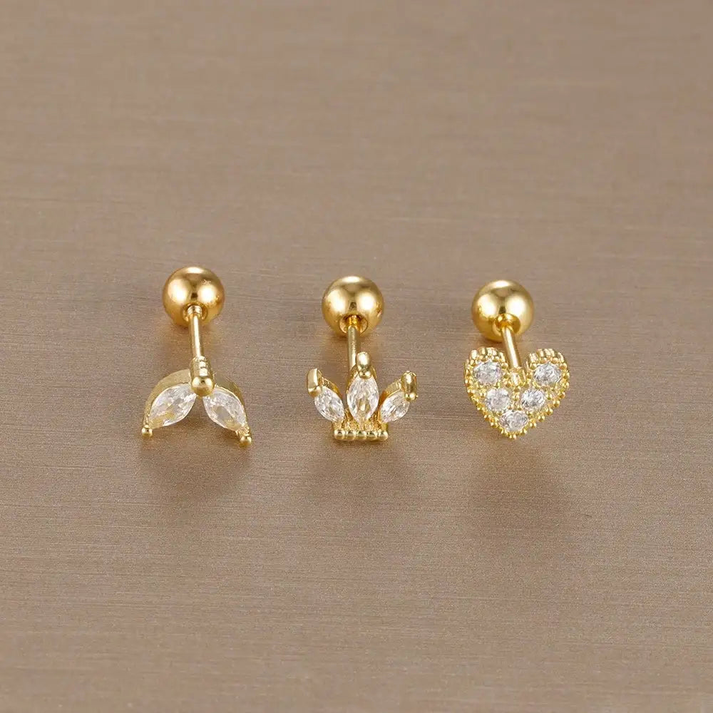 Piece Gold Crown Stud Earring Set – 14K Plated Zircon