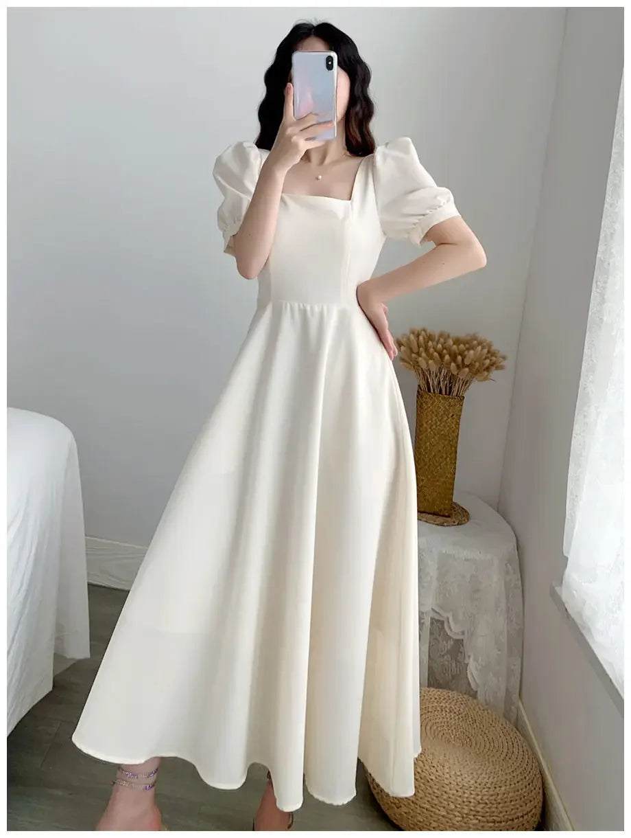 Slim Fit Women White Dress  Casual Korean Style